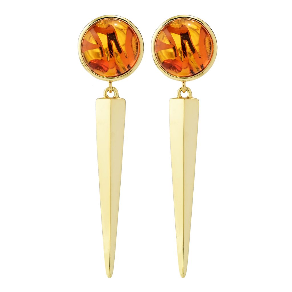 18K Gold Plated 10mm Amber 1.5" Dagger Drop Earrings