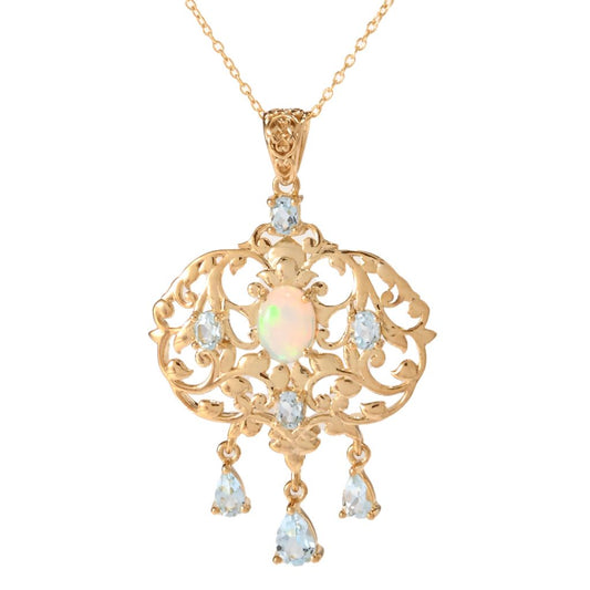 Passport to India "Samode Palace" Ethiopian Opal & Sky Blue Topaz Pendant w/ Chain