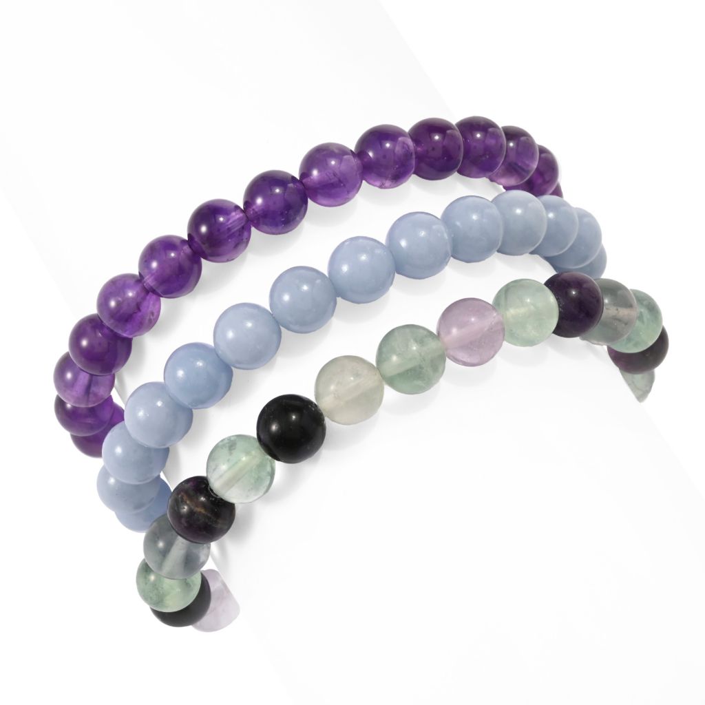 Set of 3 Hand Strung 8mm Gemstone Bead Mantra Stretch Bracelets