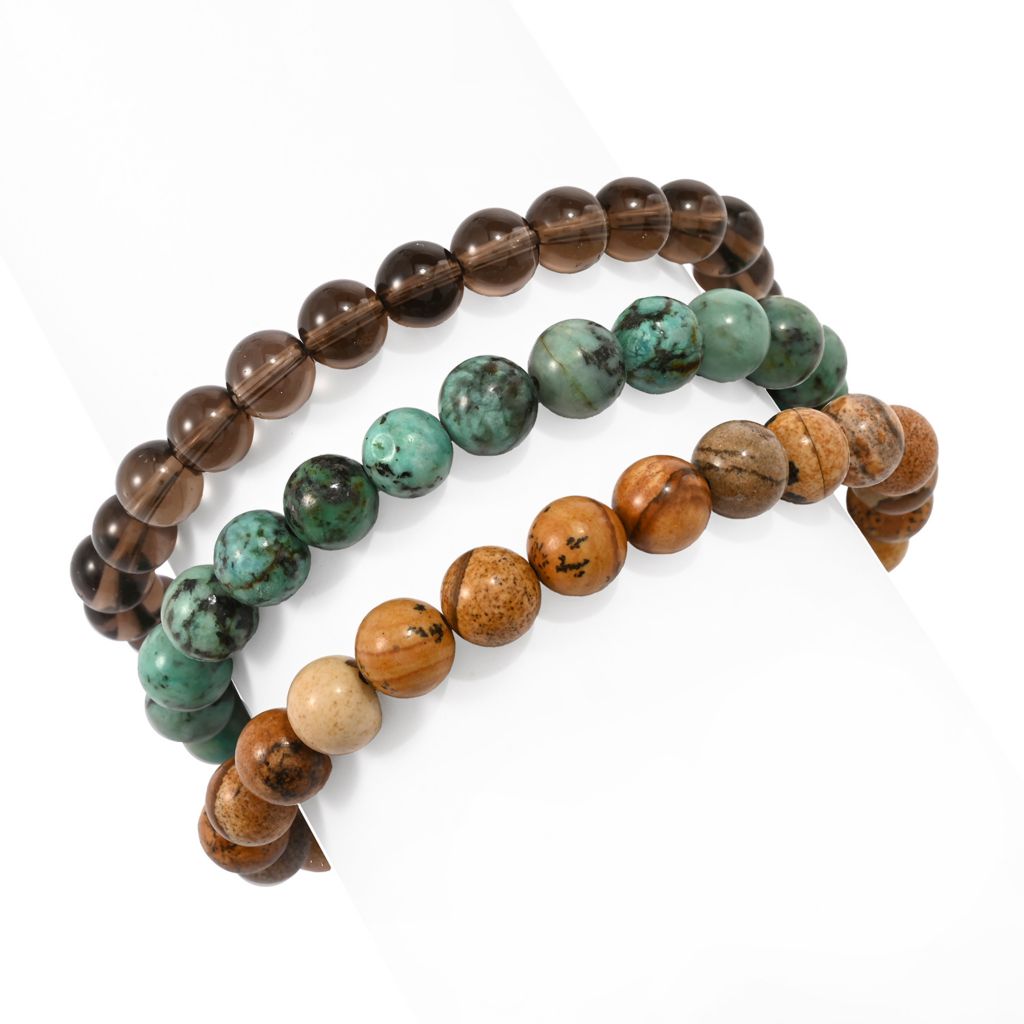 Set of 3 Hand Strung 8mm Gemstone Bead Mantra Stretch Bracelets