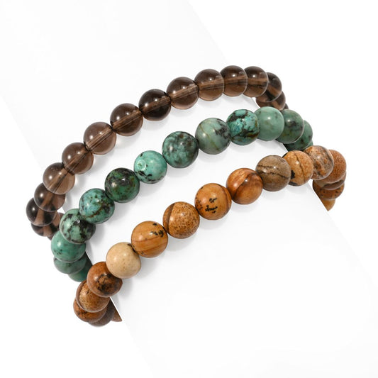 Set of 3 Hand Strung 8mm Gemstone Bead Stretch Bracelets
