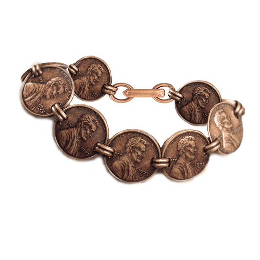 9 Lincoln Memorial Copper Penny Coin Linked Line Bracelet 7.5"