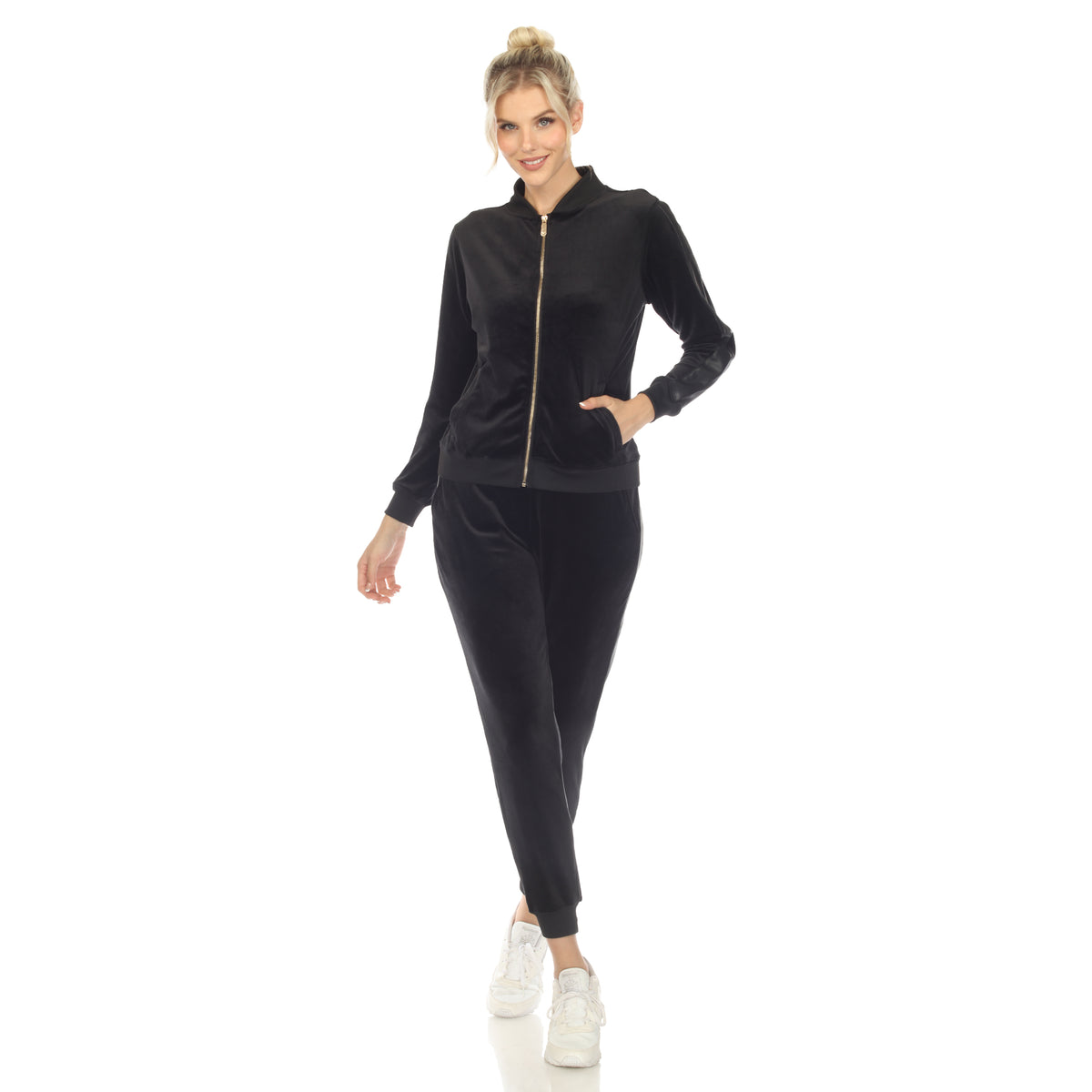 White Mark Women's 2-Piece Faux Leather Stripe Velour Set