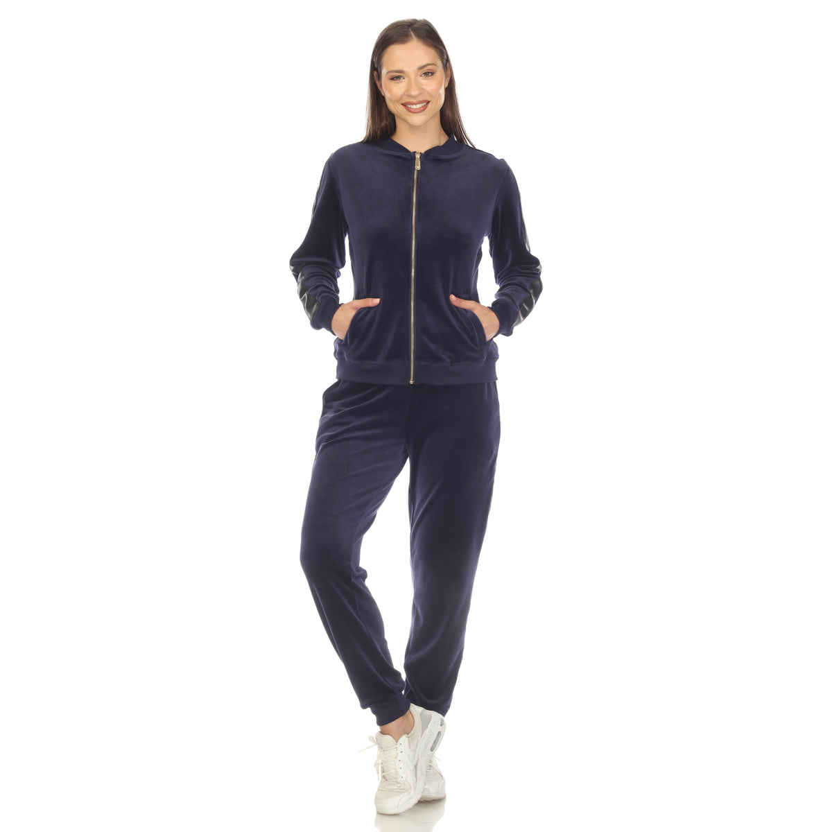 White Mark Women's 2-Piece Faux Leather Stripe Velour Set