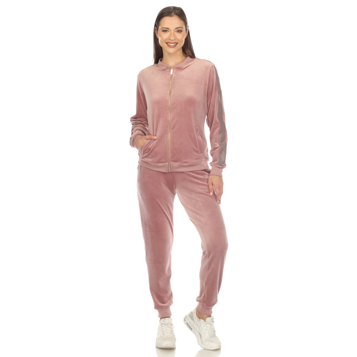 White Mark Women's 2-Piece Faux Leather Stripe Velour Set