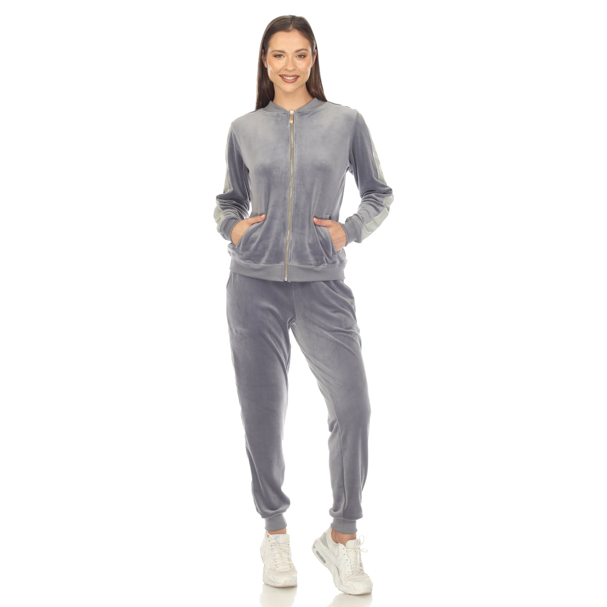 White Mark Women's 2-Piece Faux Leather Stripe Velour Set