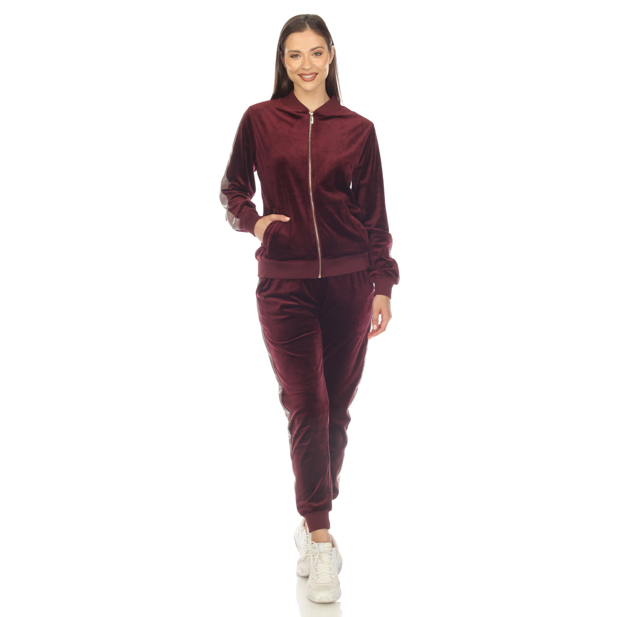 White Mark Women's 2-Piece Faux Leather Stripe Velour Set