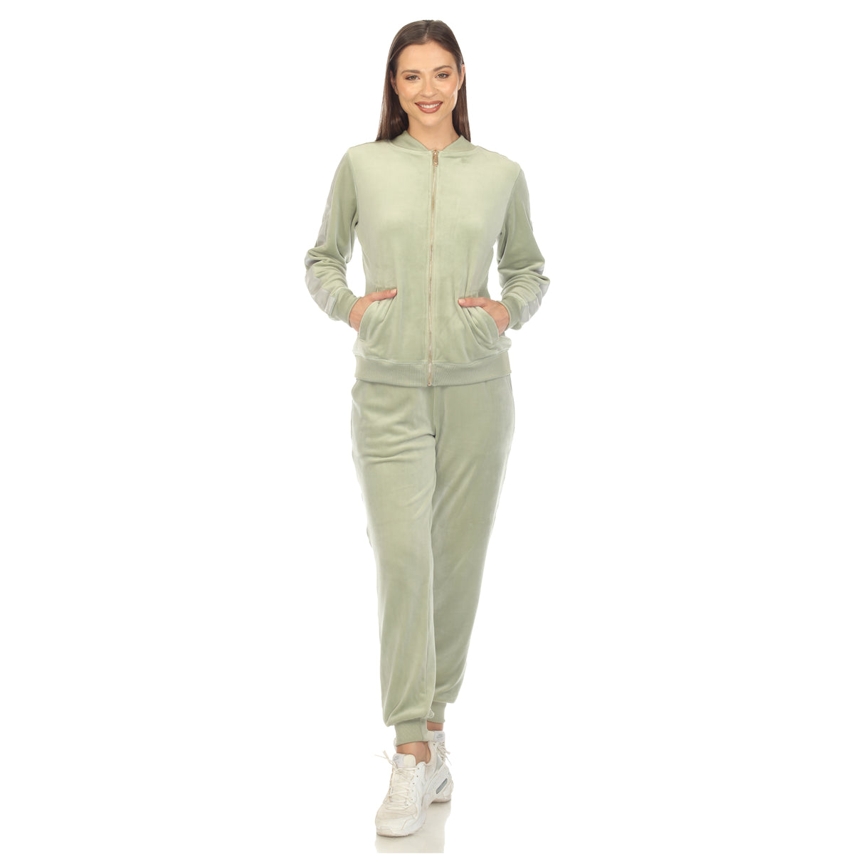 White Mark Women's 2-Piece Faux Leather Stripe Velour Set
