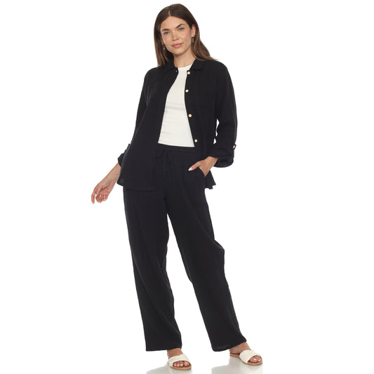 White Mark Women's 2-Piece Long Sleeve Button-Down Gauze Set