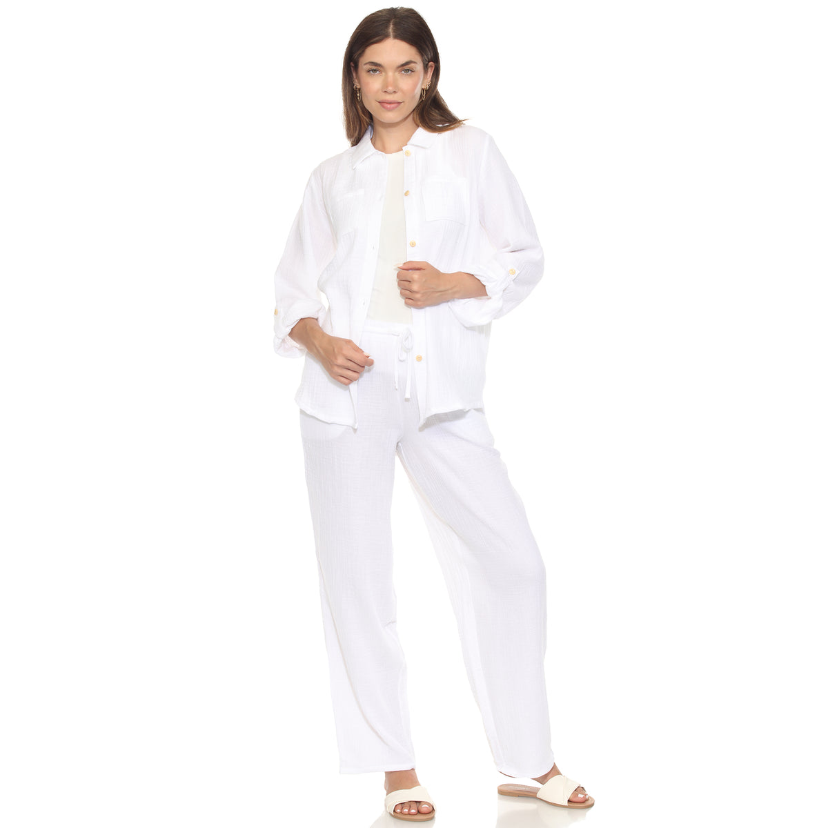 White Mark Women's 2-Piece Long Sleeve Button-Down Gauze Set
