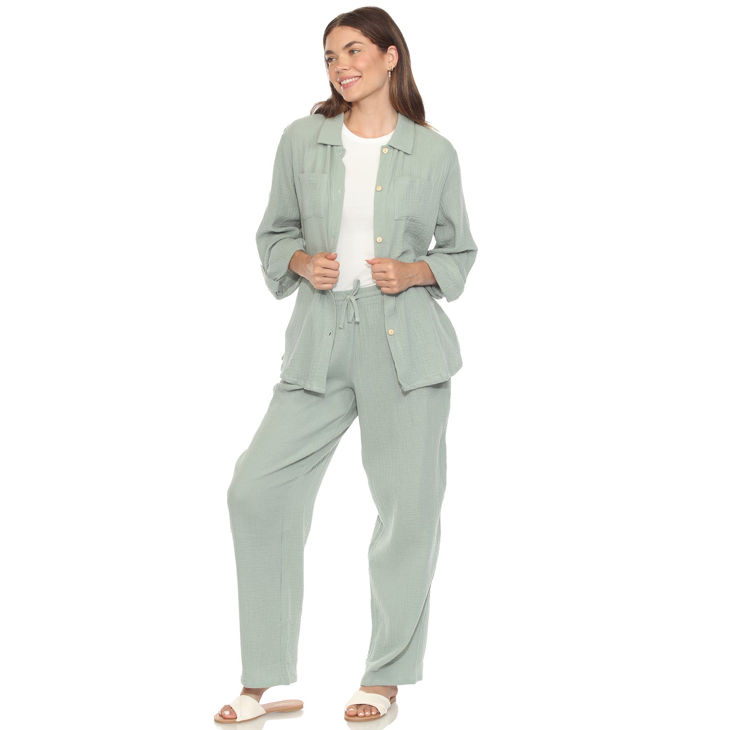 White Mark Women's 2-Piece Long Sleeve Button-Down Gauze Set