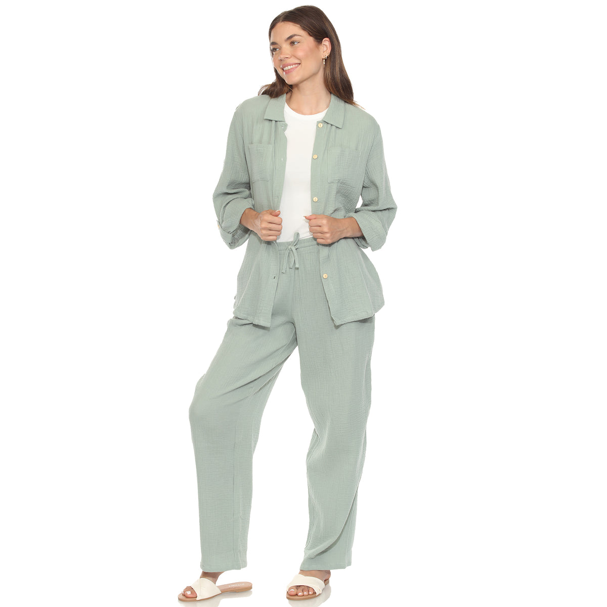 White Mark Women's 2-Piece Long Sleeve Button-Down Gauze Set