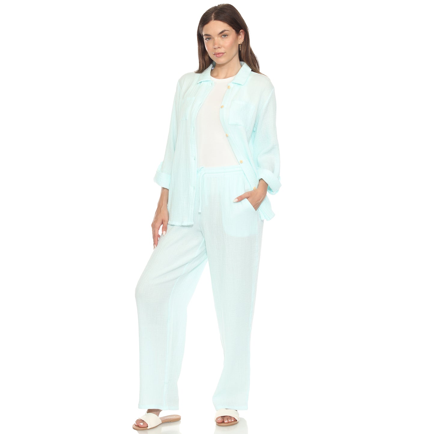 White Mark Women's 2-Piece Long Sleeve Button-Down Gauze Set