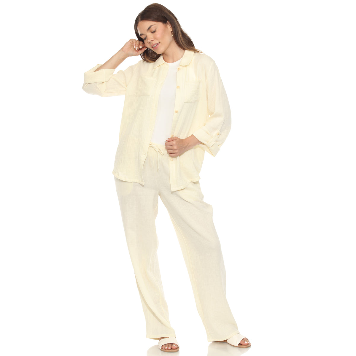 White Mark Women's 2-Piece Long Sleeve Button-Down Gauze Set