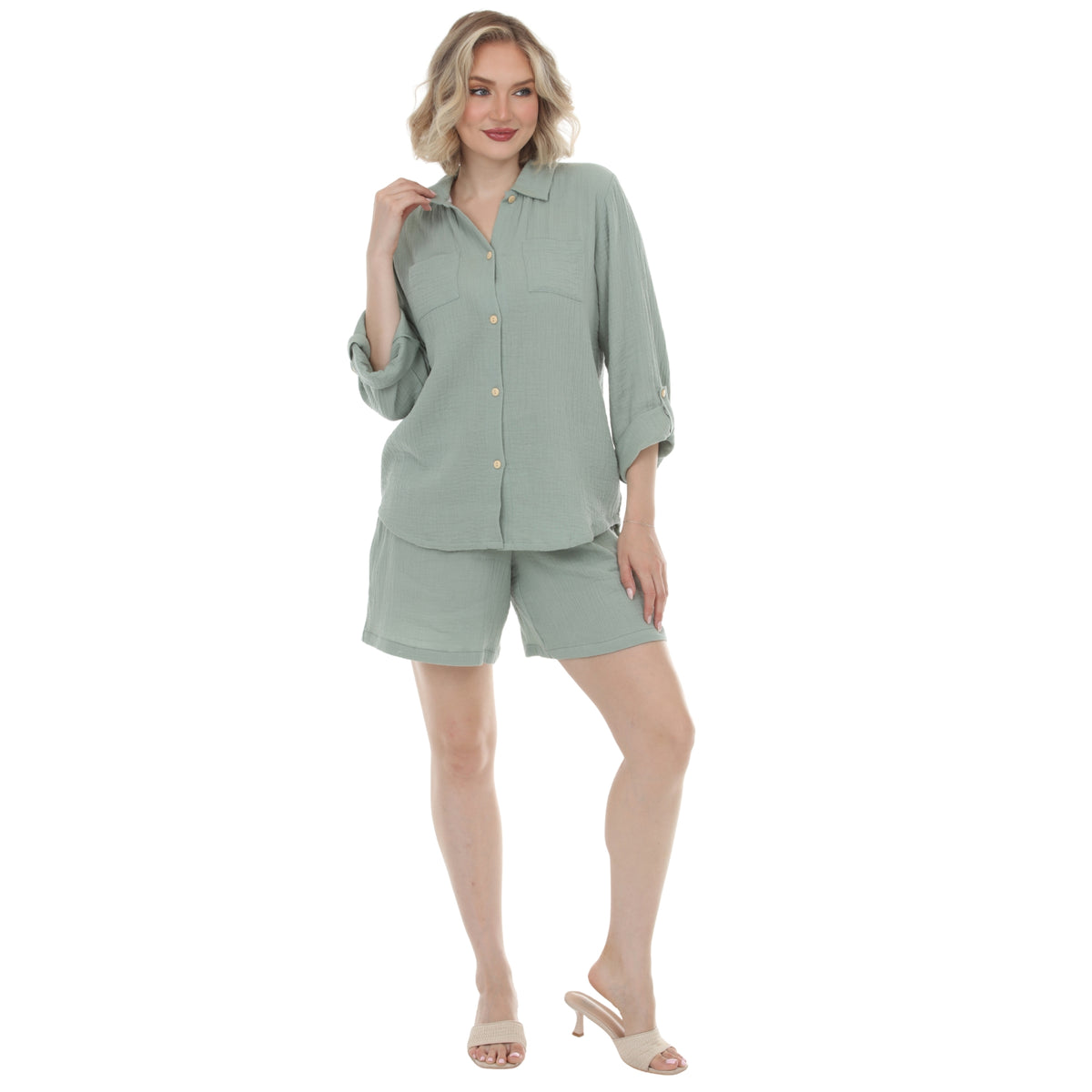White Mark Women's Gauze Button-Front Shirt & Shorts Set
