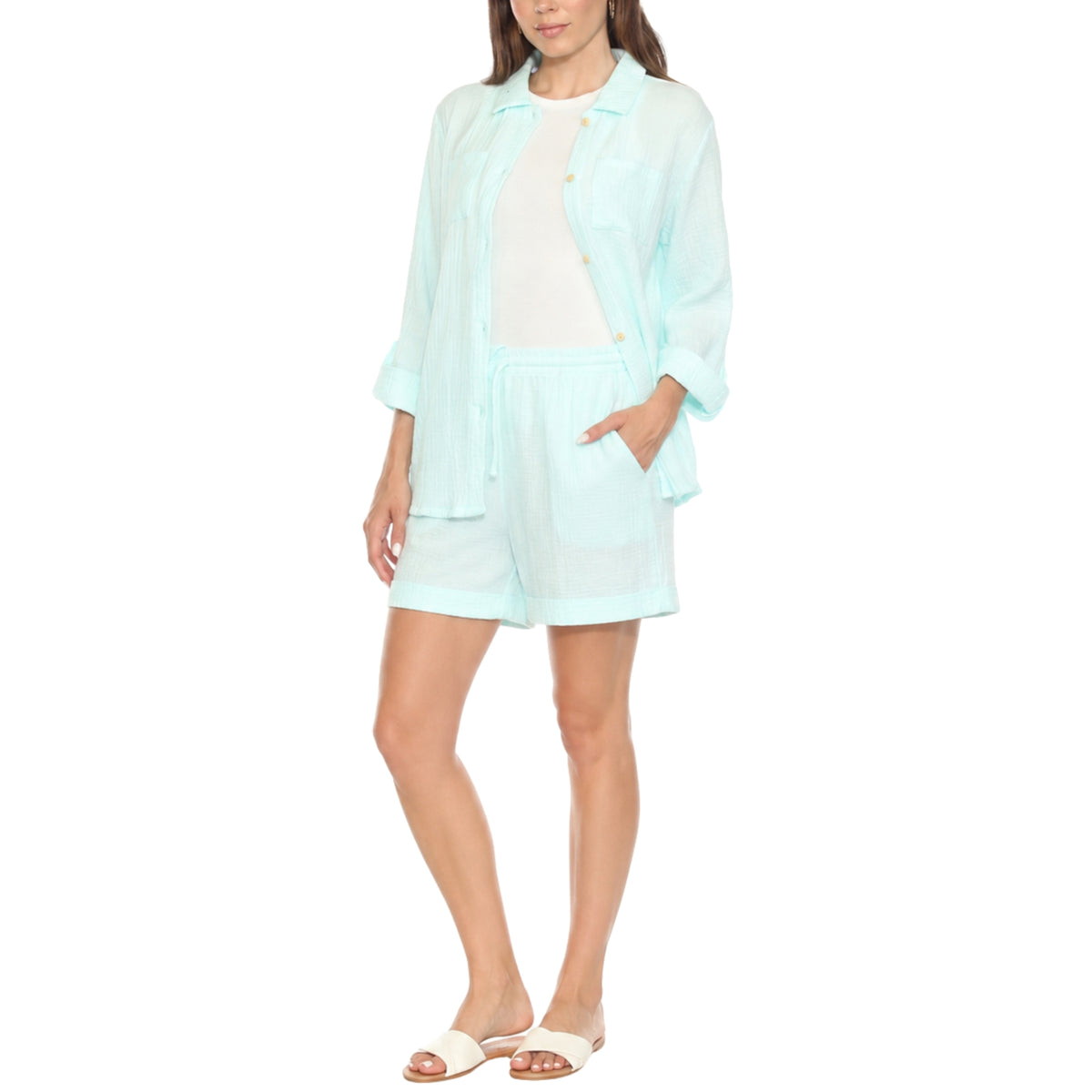 White Mark Women's Gauze Button-Front Shirt & Shorts Set