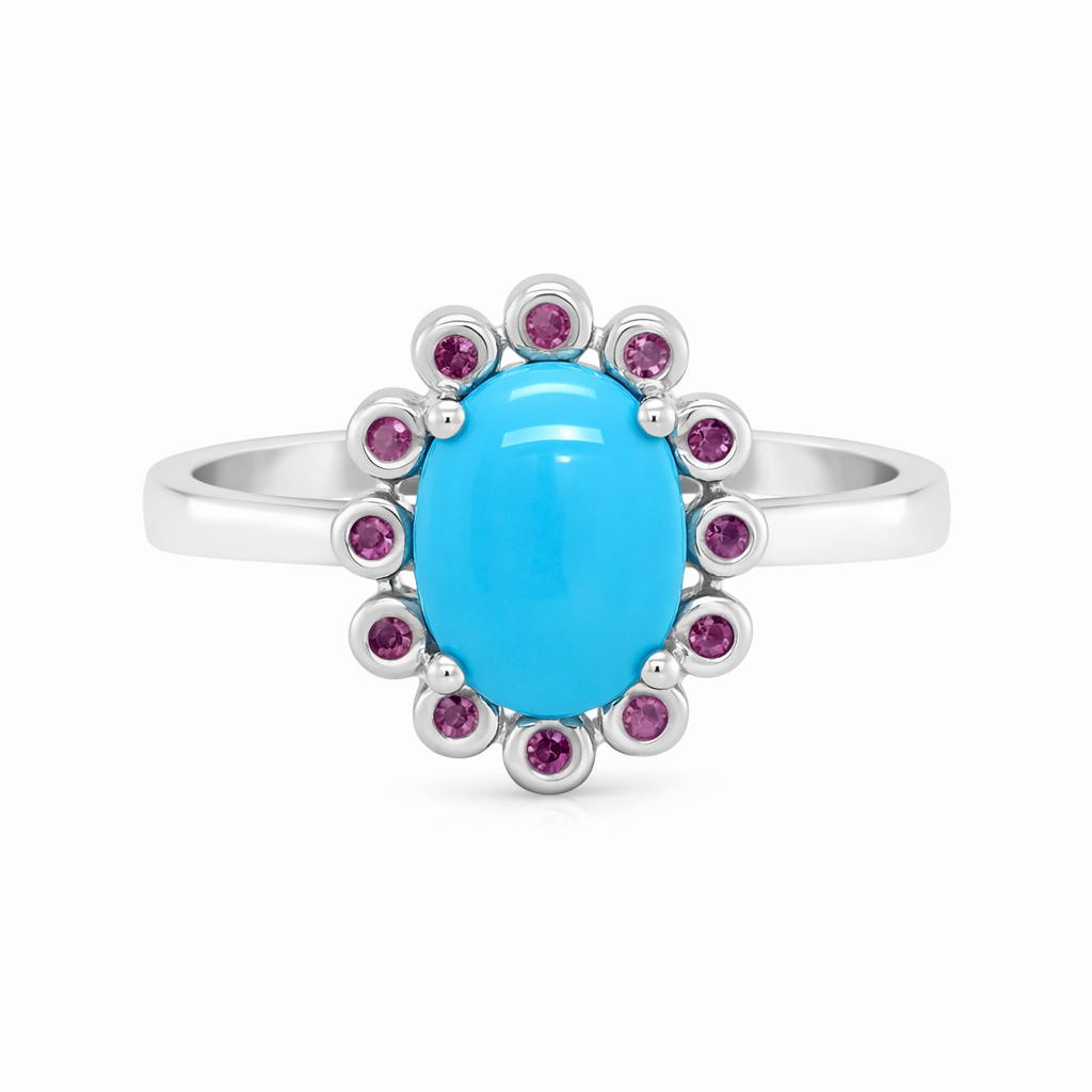 Sterling Silver 8x6mm Sleeping Beauty Turq Bezel-Set Gemstone Halo Ring