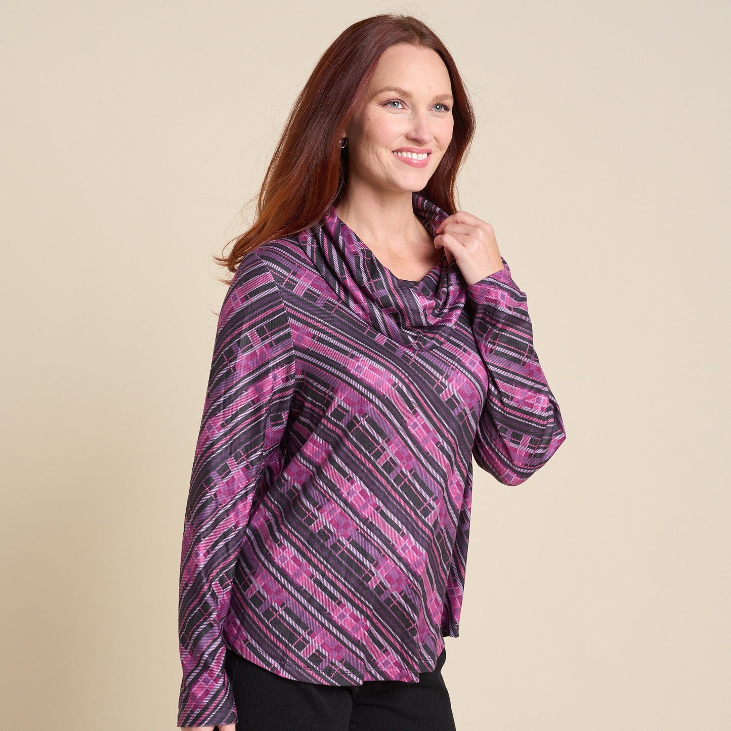 Christopher & Banks Relaxed Restyled Plaid Print Cowl Neck Tunic