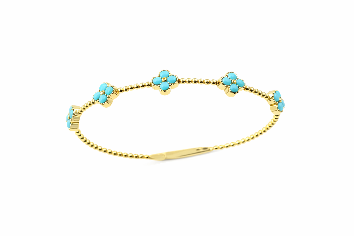 Sterling Silver 2mm Round Sleeping Beauty Turq Cluster Beaded Bangle Bracelet