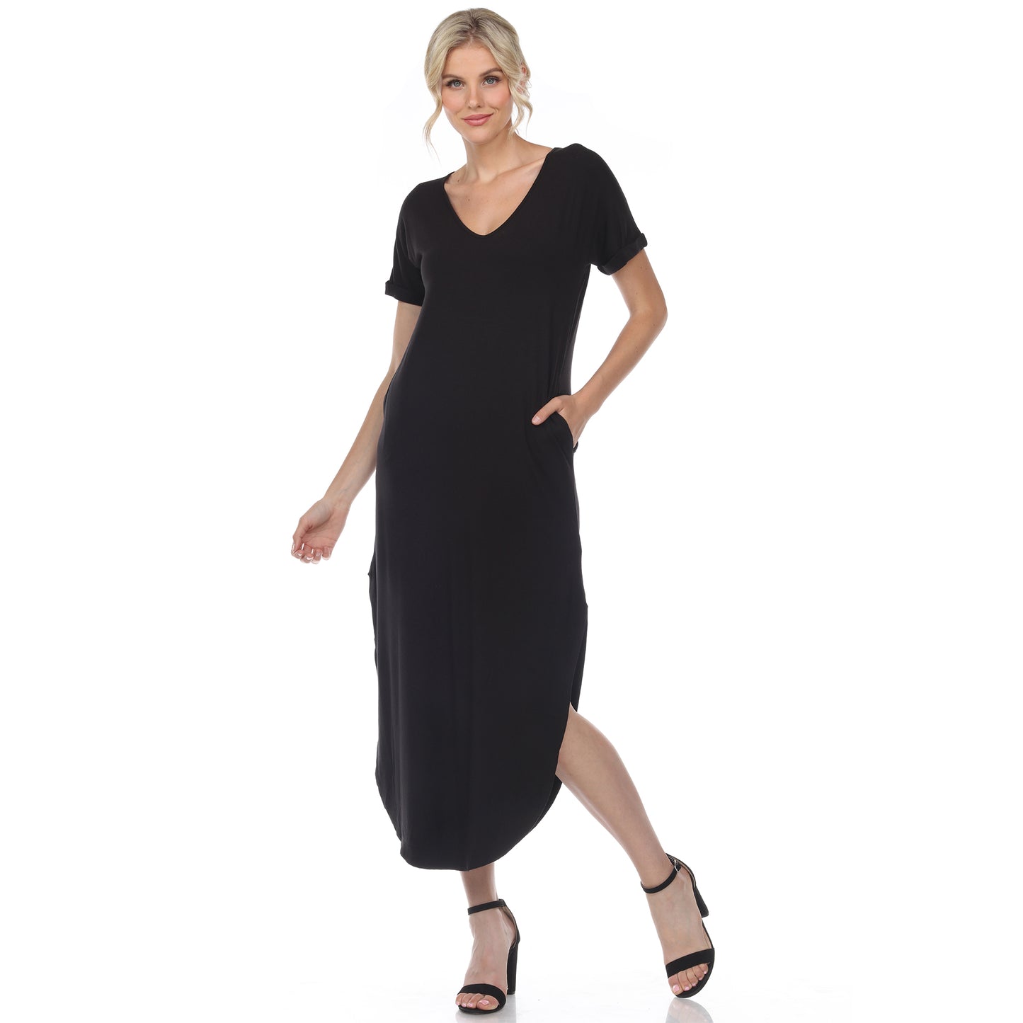 White Mark Women's Short Sleeve V-Neck Rounded Hem Maxi Dress