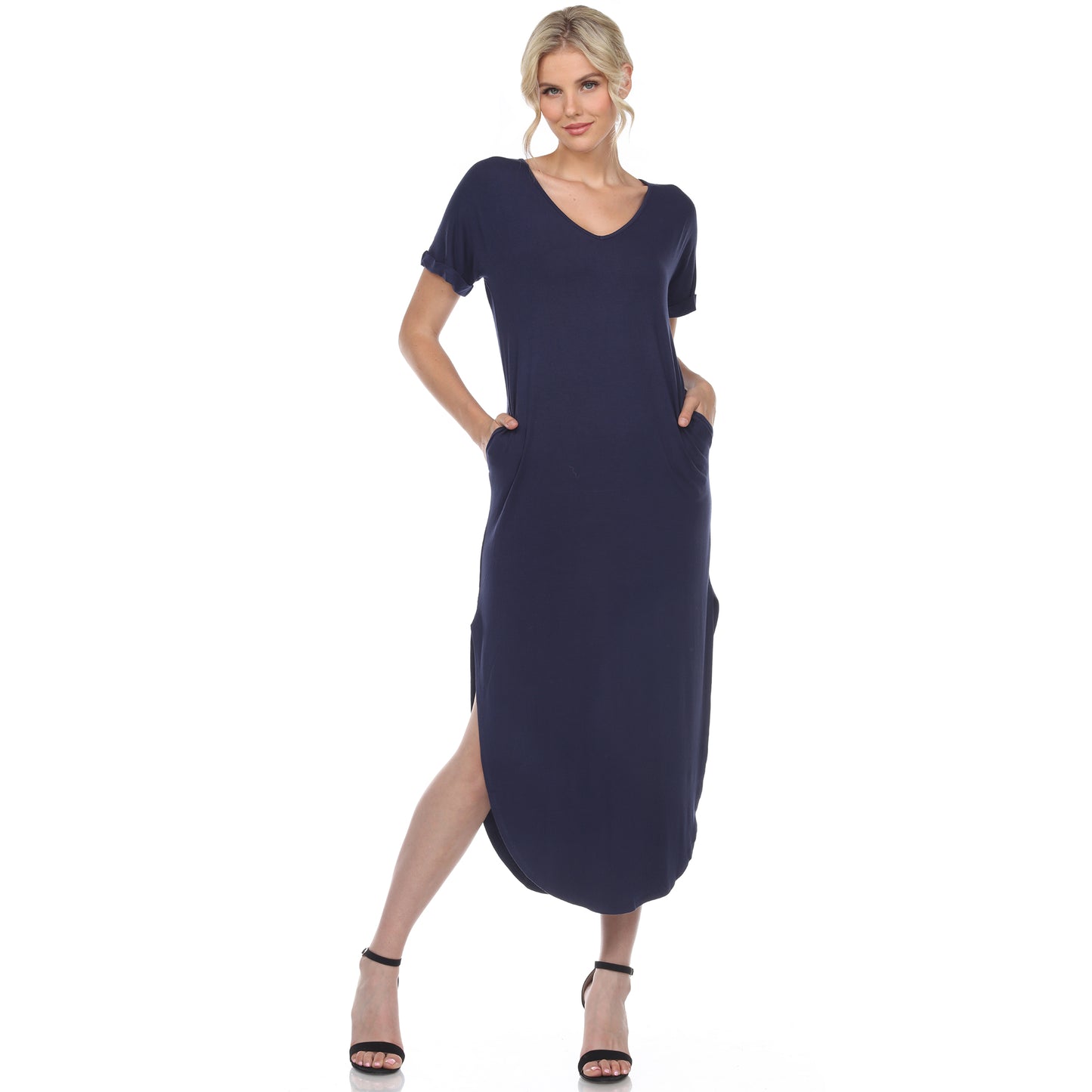 White Mark Women's Short Sleeve V-Neck Rounded Hem Maxi Dress