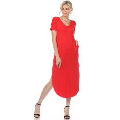 White Mark Women's Short Sleeve V-Neck Rounded Hem Maxi Dress