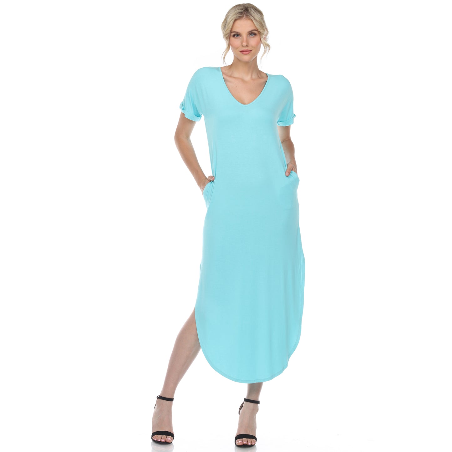 White Mark Women's Short Sleeve V-Neck Rounded Hem Maxi Dress