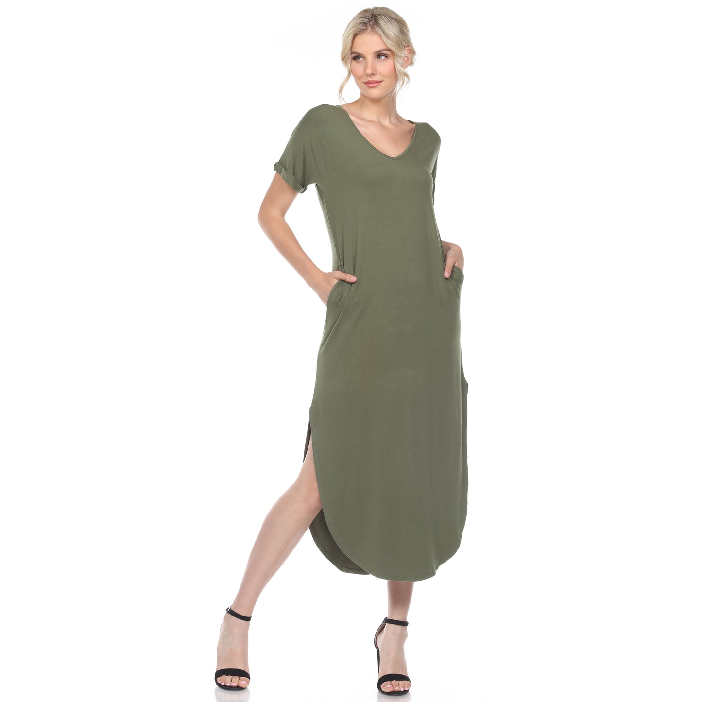 White Mark Women's Short Sleeve V-Neck Rounded Hem Maxi Dress