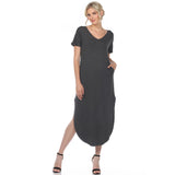 White Mark Women's Short Sleeve V-Neck Rounded Hem Maxi Dress