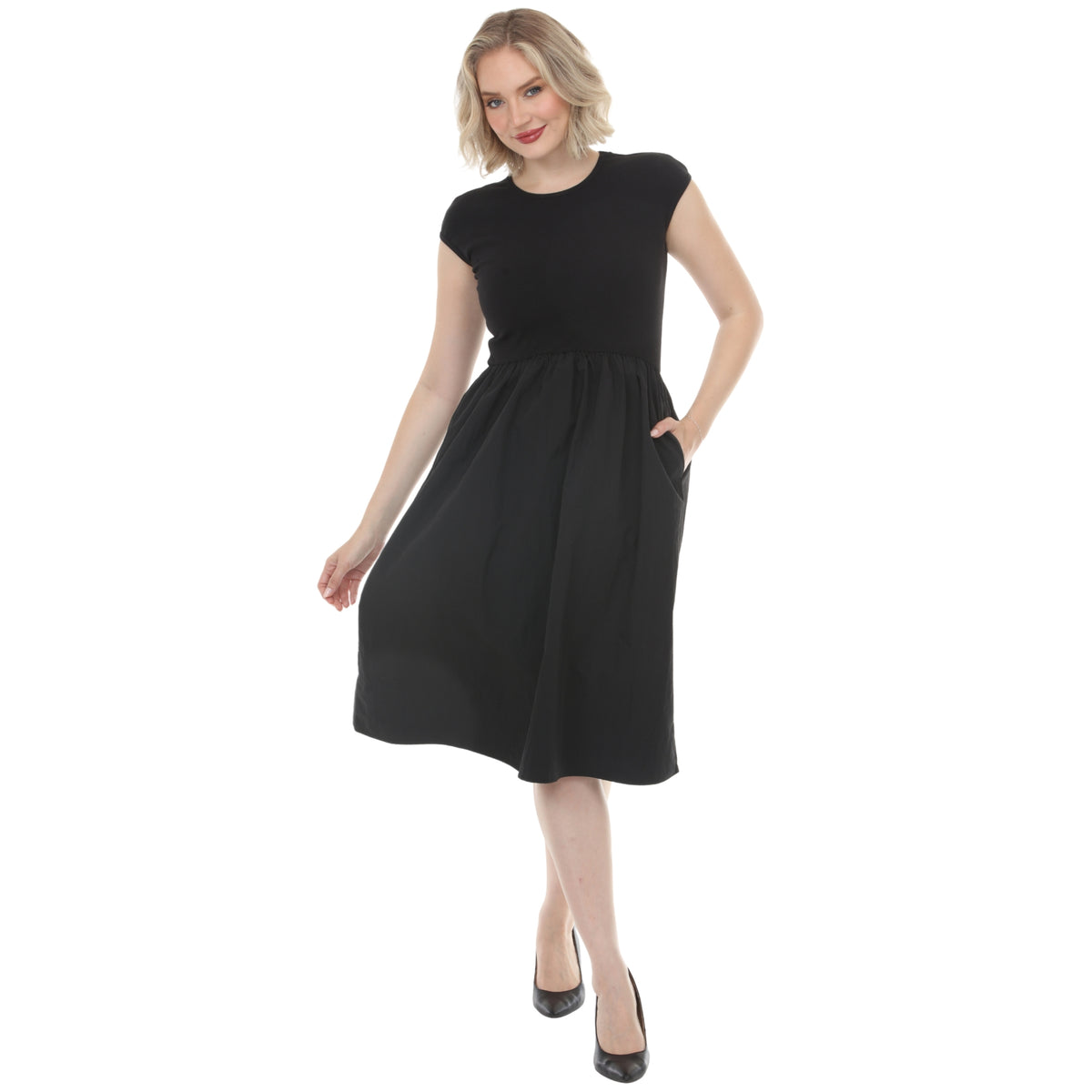 White Mark Women's Ultrasoft Cotton Knit to Woven Midi Dress