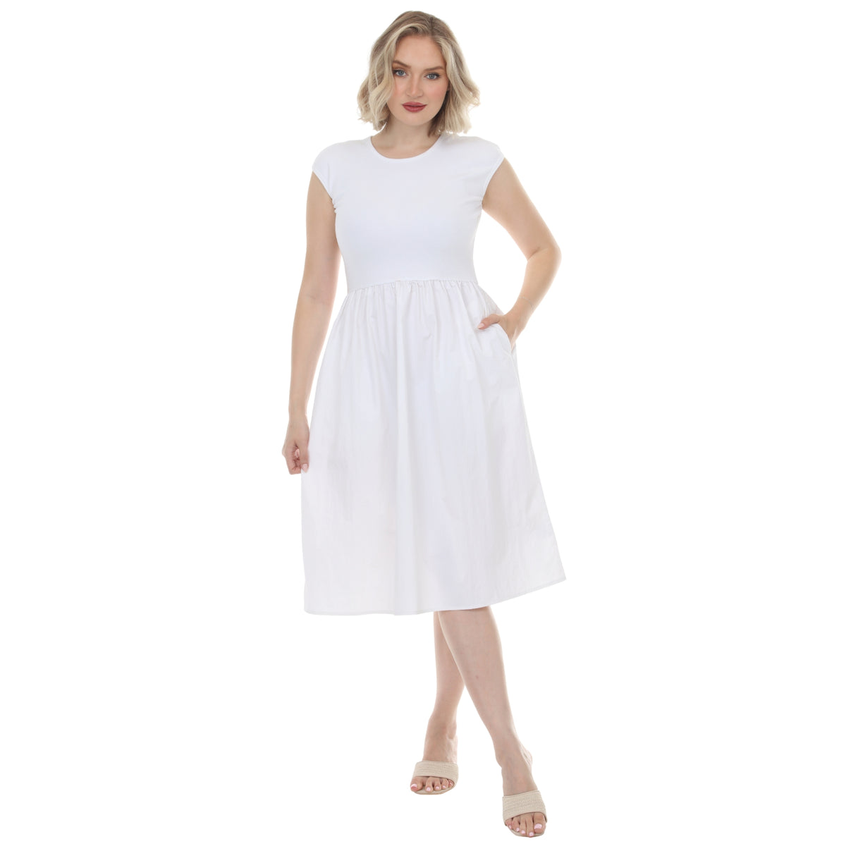 White Mark Women's Ultrasoft Cotton Knit to Woven Midi Dress