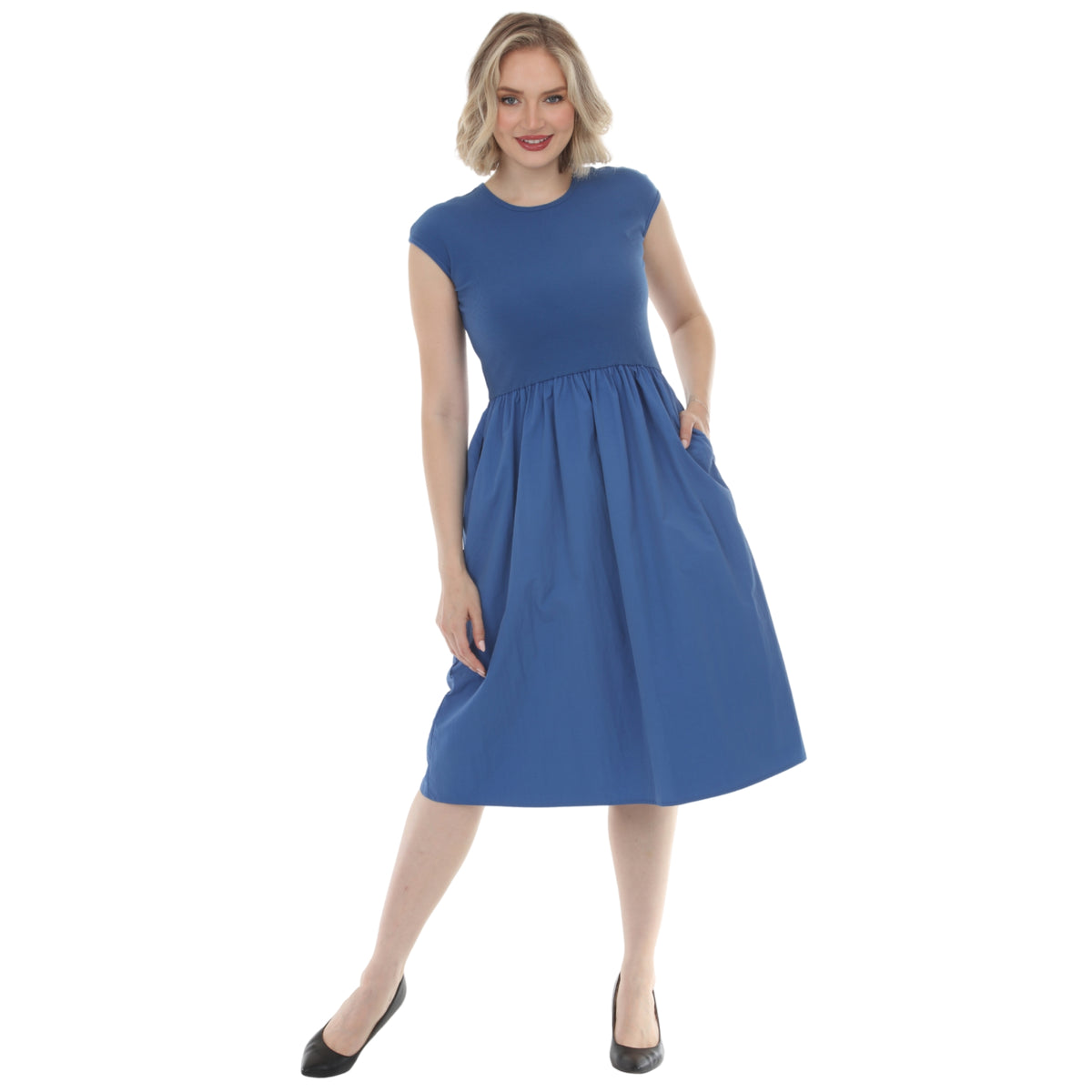 White Mark Women's Ultrasoft Cotton Knit to Woven Midi Dress
