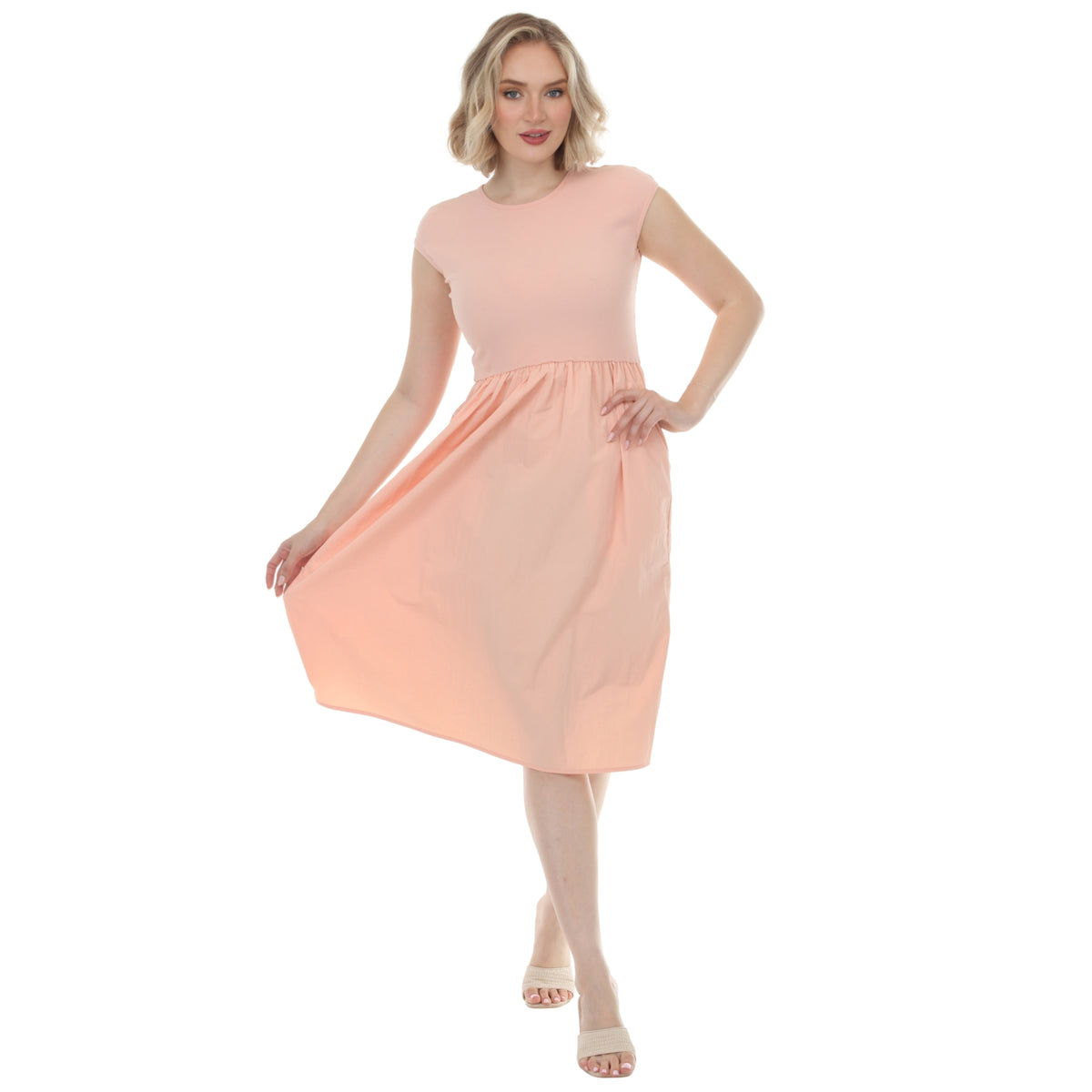 White Mark Women's Ultrasoft Cotton Knit to Woven Midi Dress