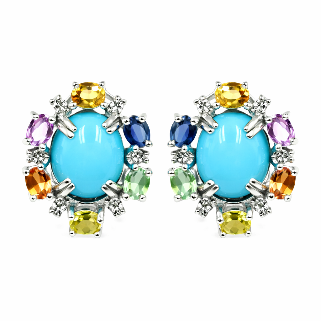 Sterling Silver 10x8mm Sleeping Beauty Turq & Multi-Sapphire Stud Earrings