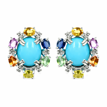 Sterling Silver 10x8mm Sleeping Beauty Turq & Multi-Sapphire Stud Earrings