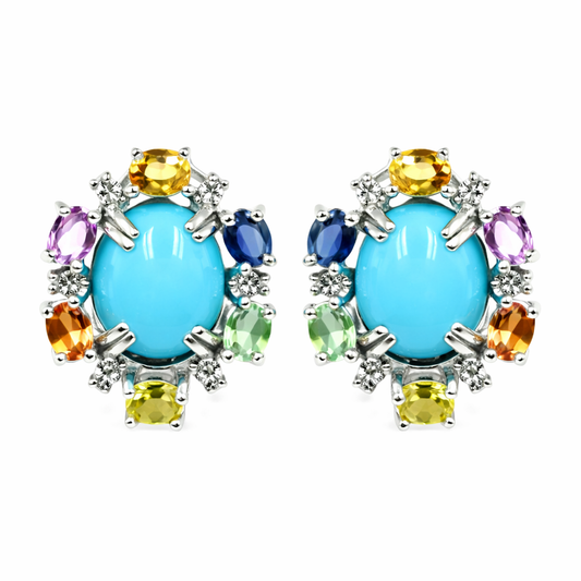 Sterling Silver 10x8mm Sleeping Beauty Turq & Multi-Sapphire Stud Earrings