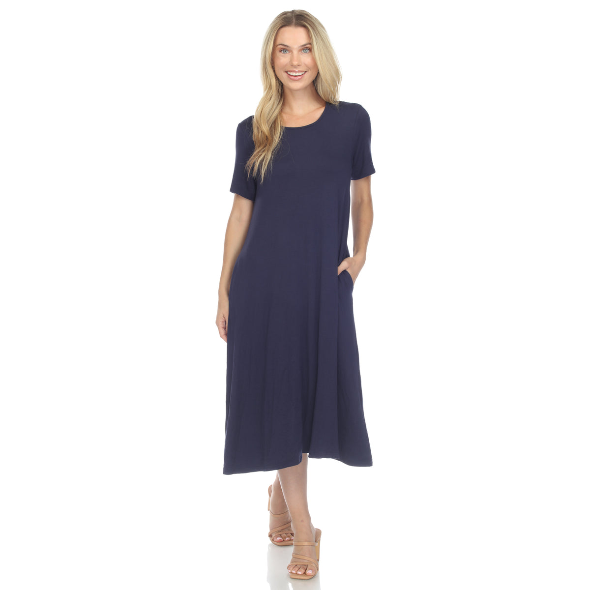 White Mark Women's Short Sleeve Pocket Swing Midi Dress
