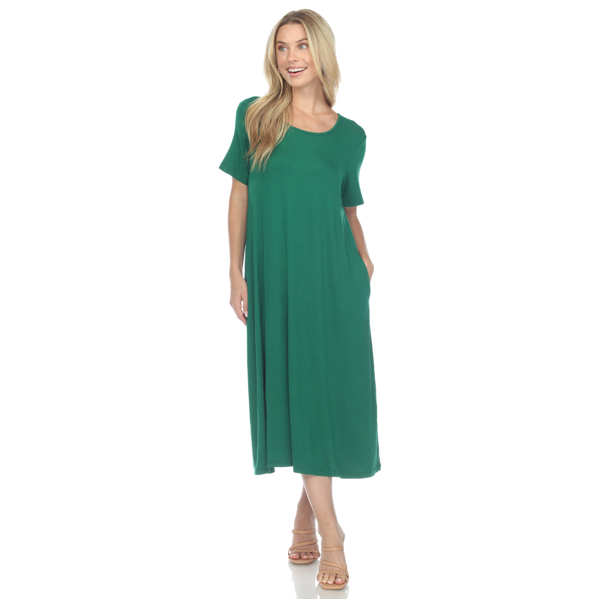 White Mark Women's Short Sleeve Pocket Swing Midi Dress
