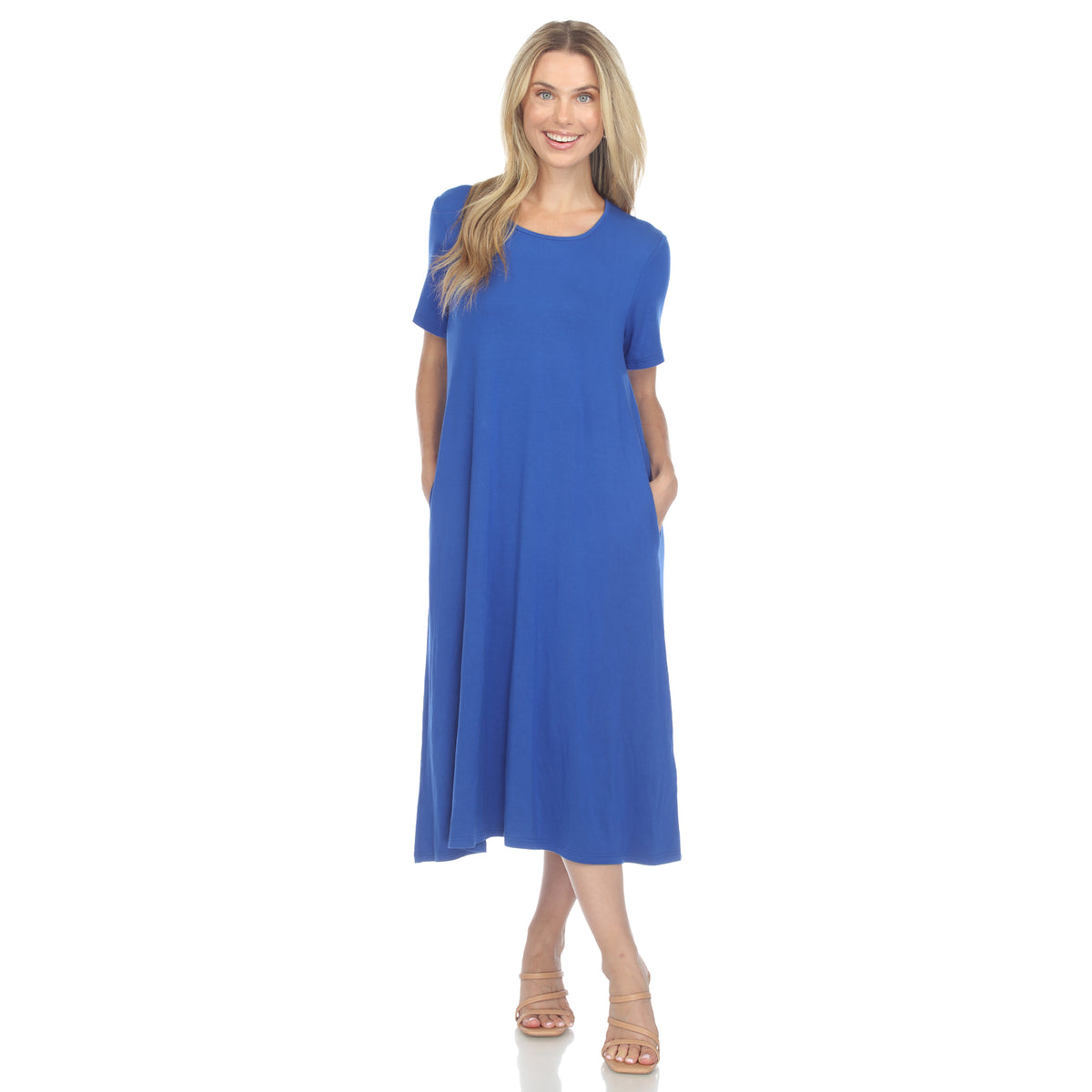 White Mark Women's Short Sleeve Pocket Swing Midi Dress