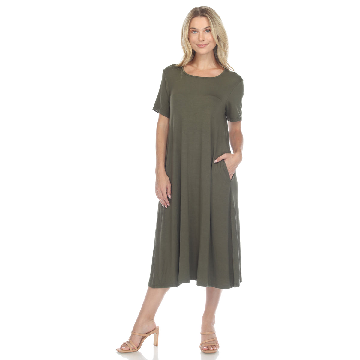 White Mark Women's Short Sleeve Pocket Swing Midi Dress