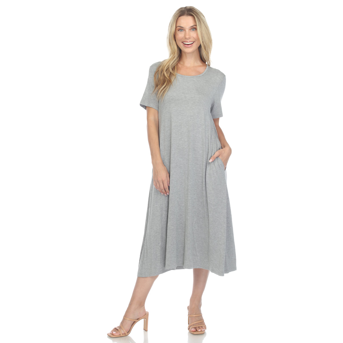 White Mark Women's Short Sleeve Pocket Swing Midi Dress