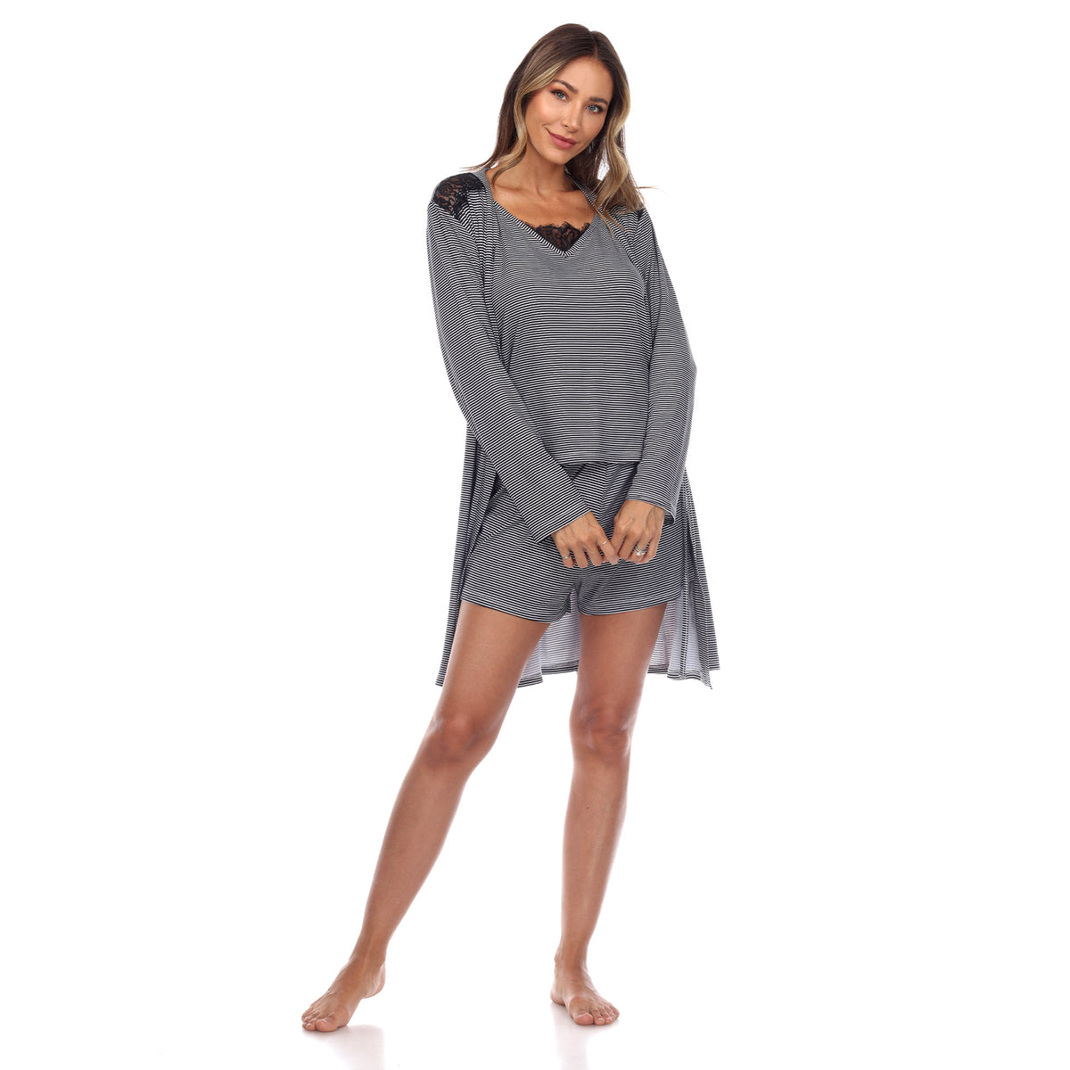 White Mark Women's 3-Piece Striped Pajama & Robe Set