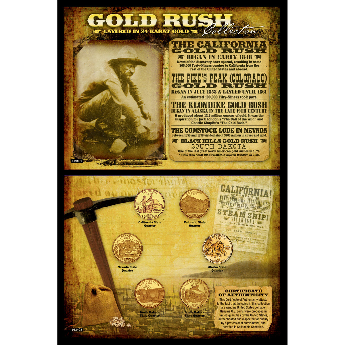 Gold Rush Set of Six 24K Layered State Quarters Coin Collection