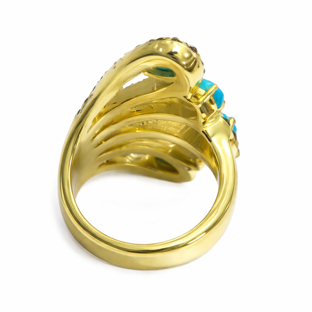 Gold Plated Sleeping Beauty Turq & Black Spinel Wrap Wave Ring
