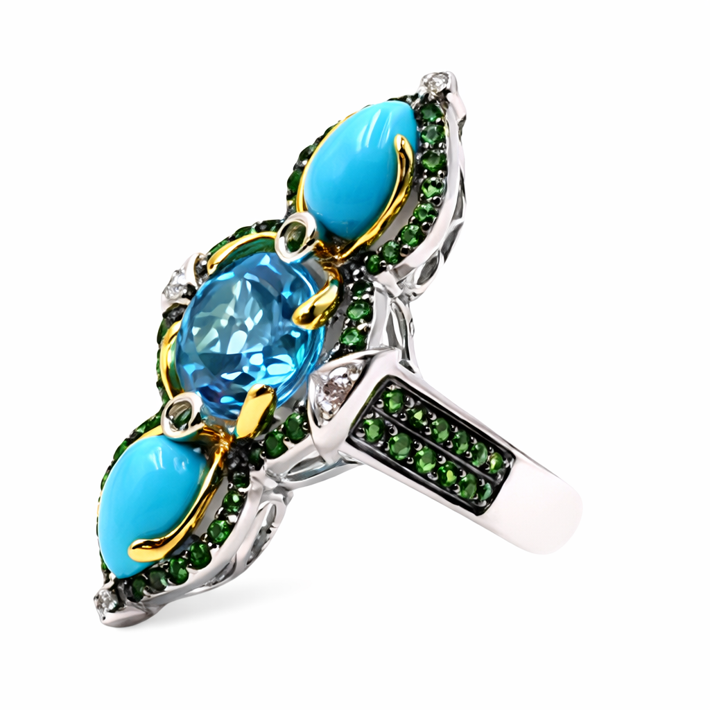 Sterling Silver Sleeping Beauty Turq & Multi-Gemstone Elongated North-South Ring