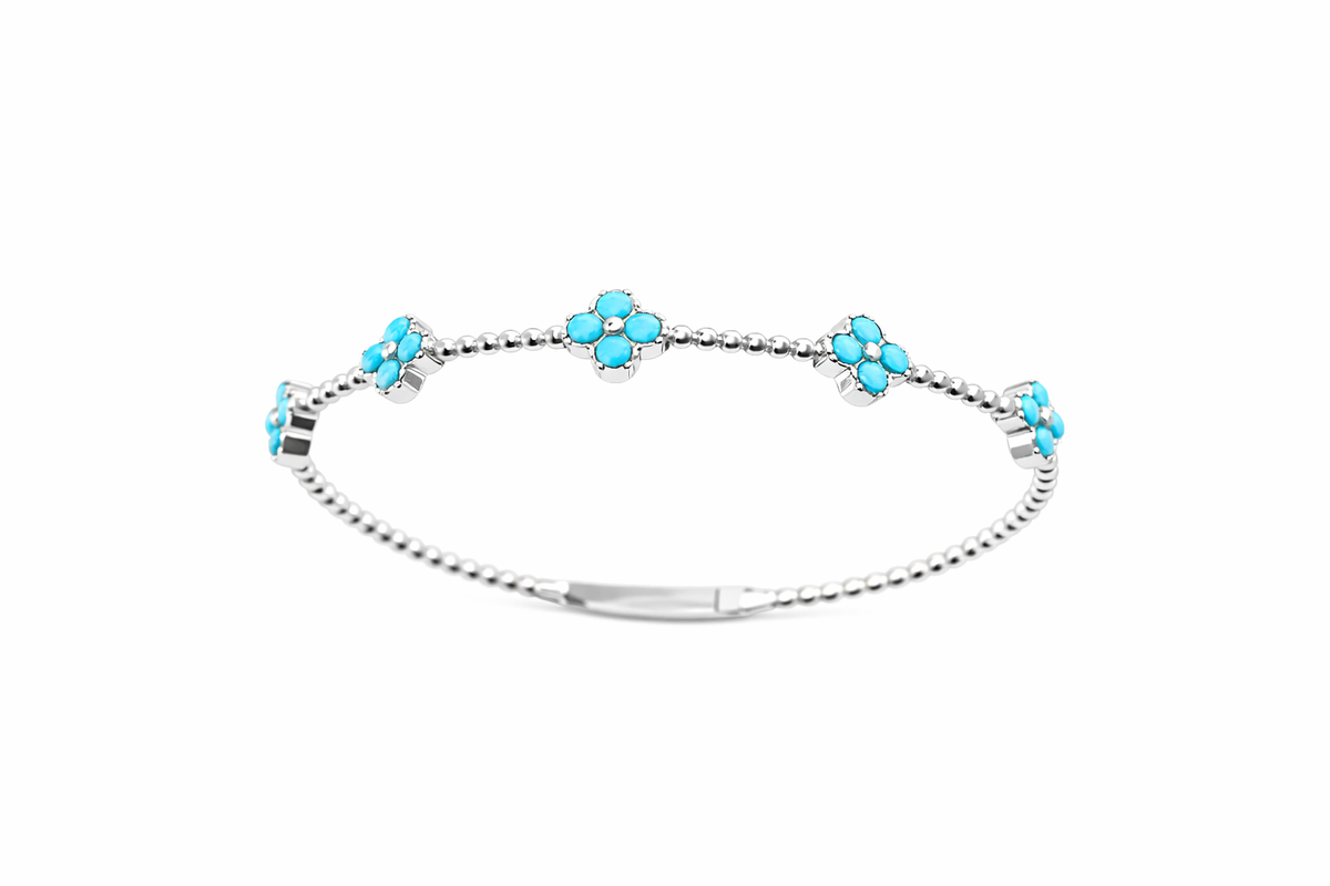 Sterling Silver 2mm Round Sleeping Beauty Turq Cluster Beaded Bangle Bracelet