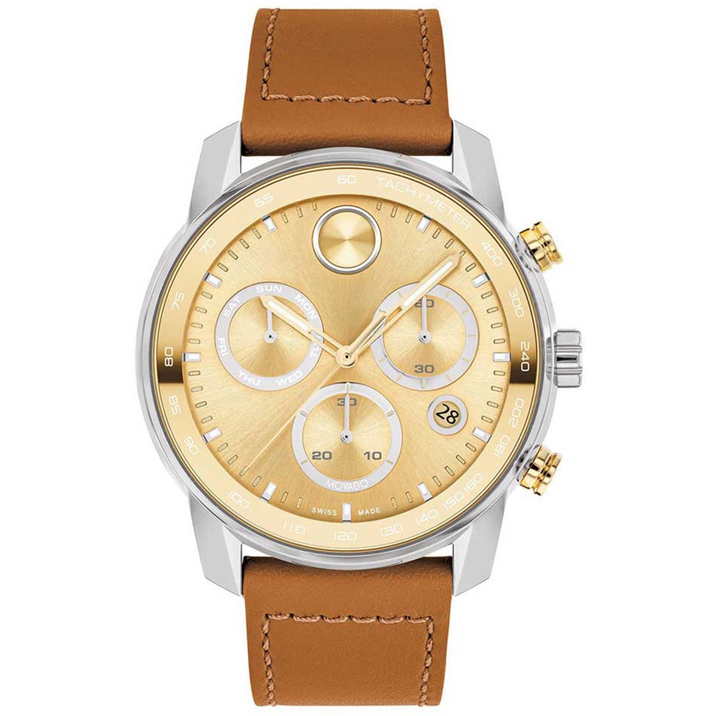 Movado Men's 44mm Bold Verso Swiss Made Quartz Chrono Date Cognac Leather Strap Watch
