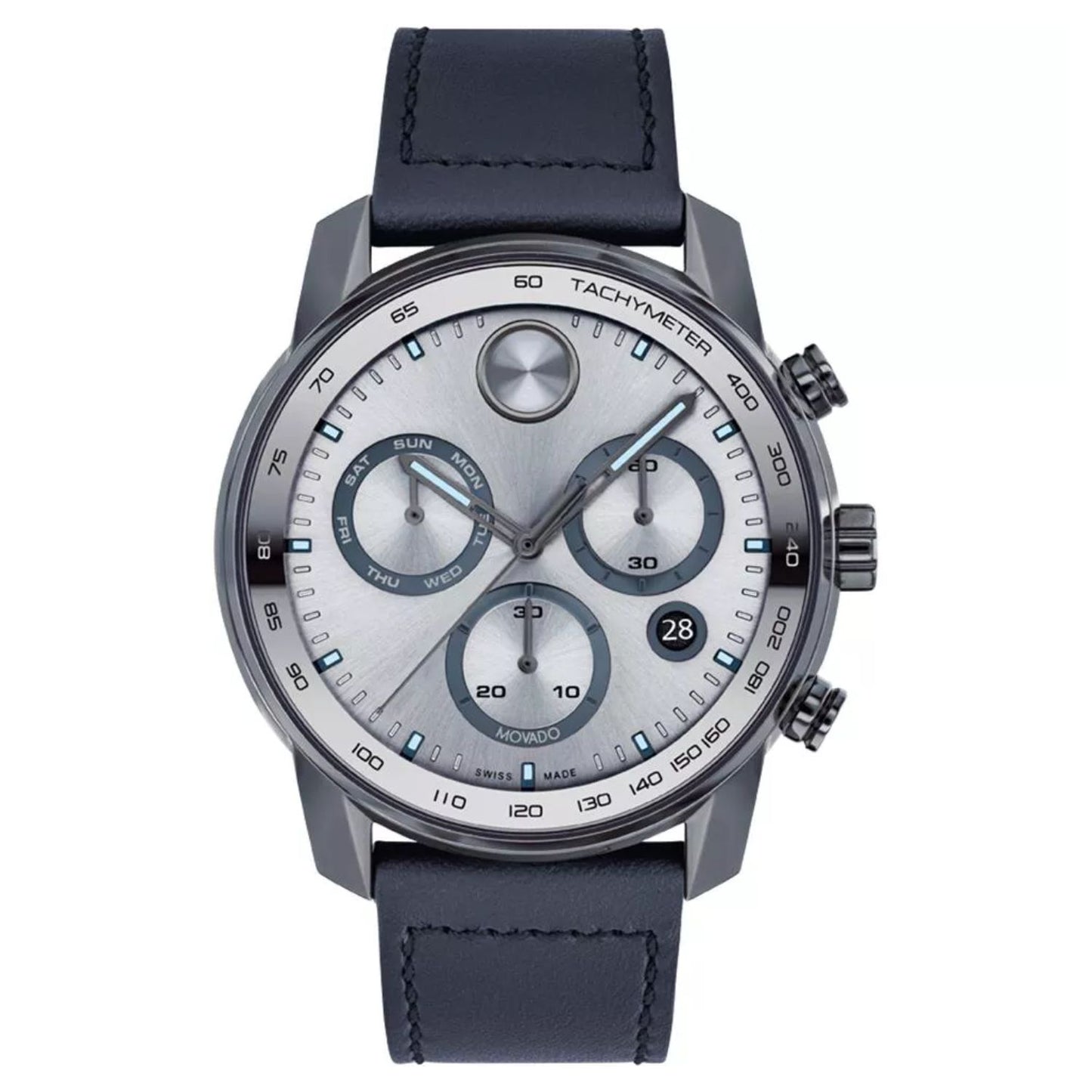 Movado Men's 44mm Bold Verso Swiss Made Quartz Chrono Date Blue Leather Strap Watch