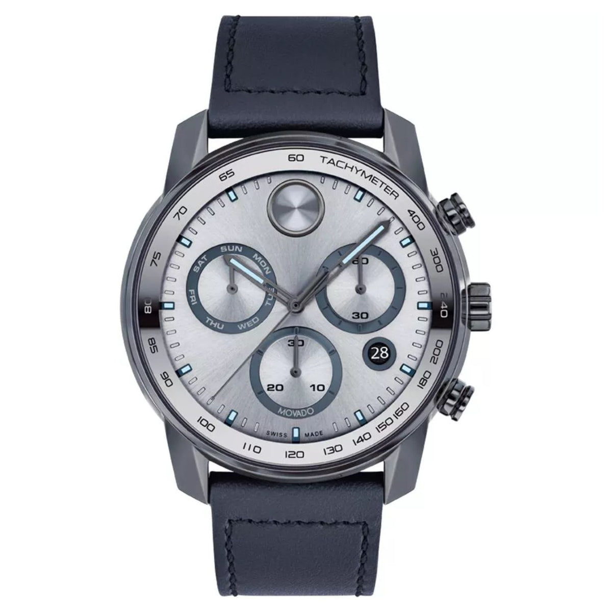 Movado Men's 44mm Bold Verso Swiss Made Quartz Chrono Date Blue Leather Strap Watch