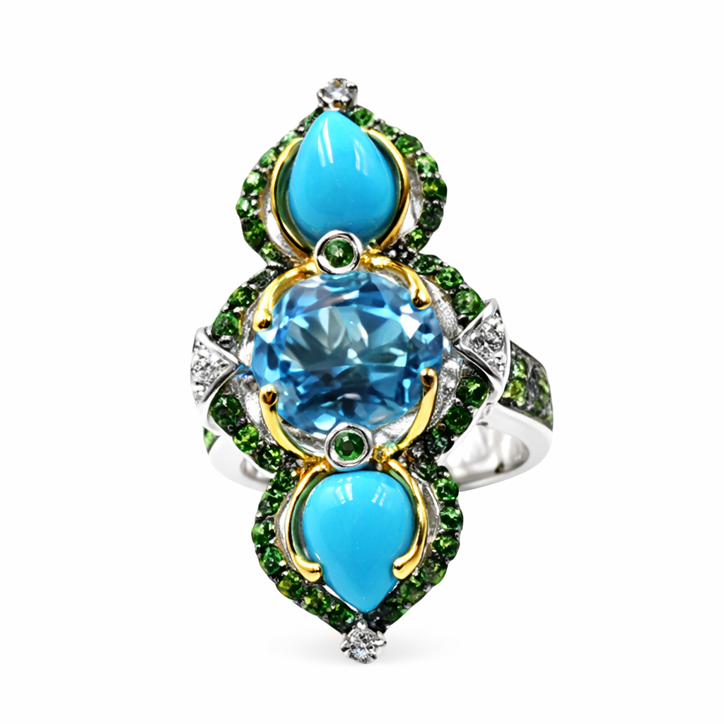 Sterling Silver Sleeping Beauty Turq & Multi-Gemstone Elongated North-South Ring